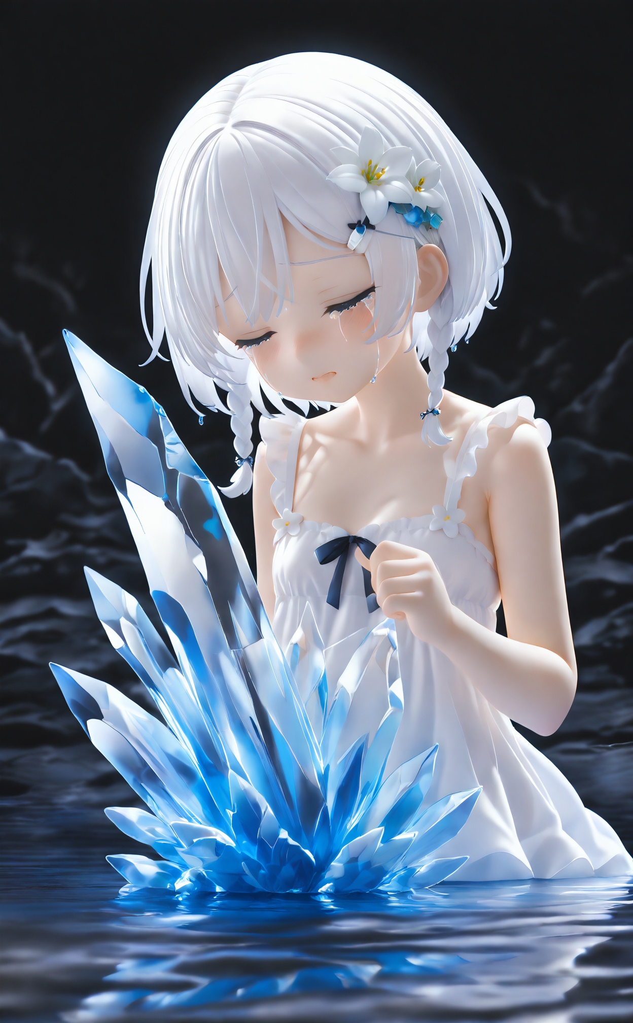 masterpiece,loli,1 girl,loli,White Dress,White short hair,braids,lily flower hair clip,upper body,cry,water,black background,Ice crystal,dappled sunlight,Suspended colorless crystal,beautiful detailed glow,(detailed ice),beautiful detailed water,<lora:PVC5——【noob】hans:0.9>,