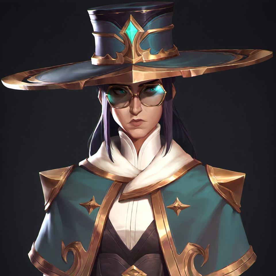 @riot.This image depicts a character with a distinctive and elaborate outfit,  characterized by a high-crowned hat adorned...