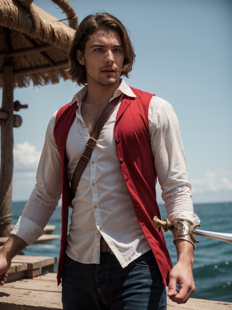 Holding a rapier an ***** male pirate with long swept back brown hair,  light blue eyes,  stumbled facial hair on Tensor.Art