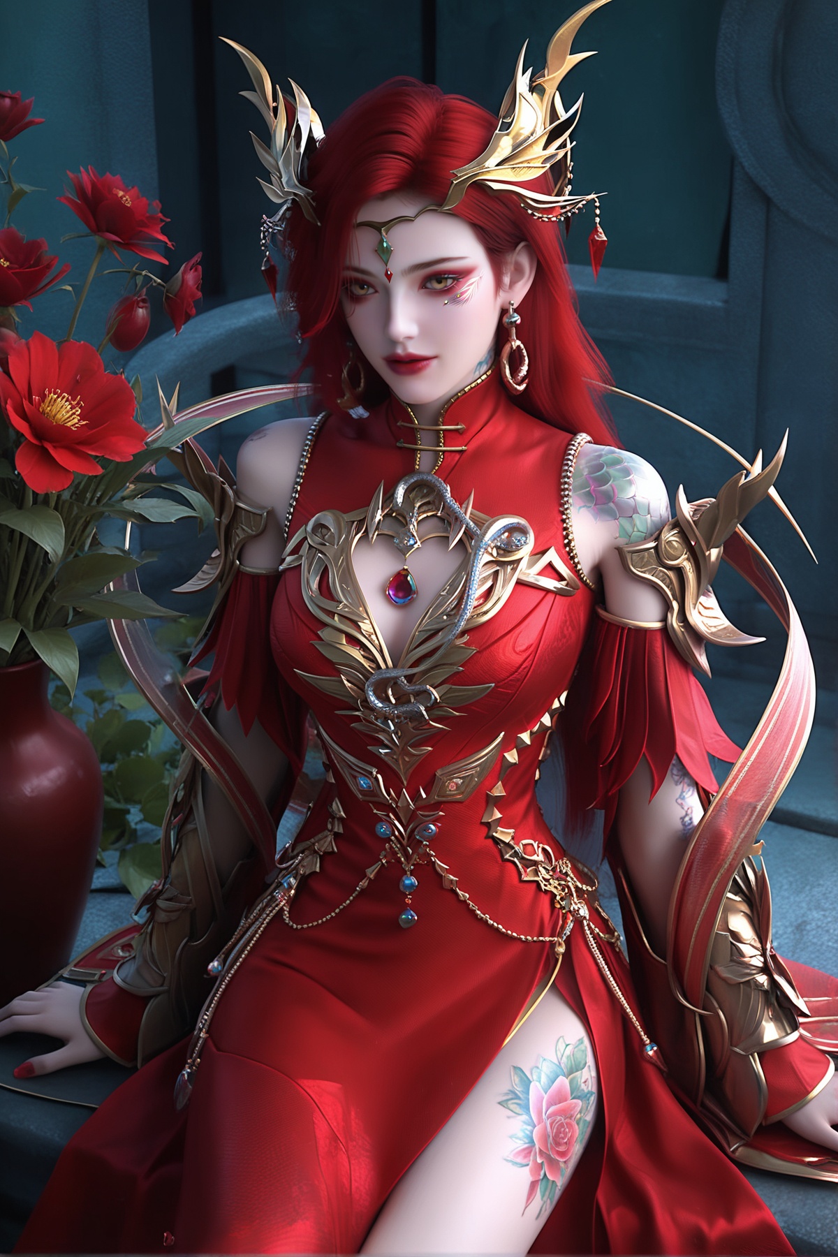 score_9,score_8_up,score_7_up,<lora:wy_xueyaonvwang_XL7.0:0.8>,1girl,earrings,jewelry,red hair,solo,red dress,tattoo,long hair,breasts,dress,colored skin,hair ornament,clothing cutout,detached sleeves,teeth,pale skin,yellow eyes,dark,wetting,thick_thighs,sitting,flower,many flowers,very many flowers,on_ground,from_above,