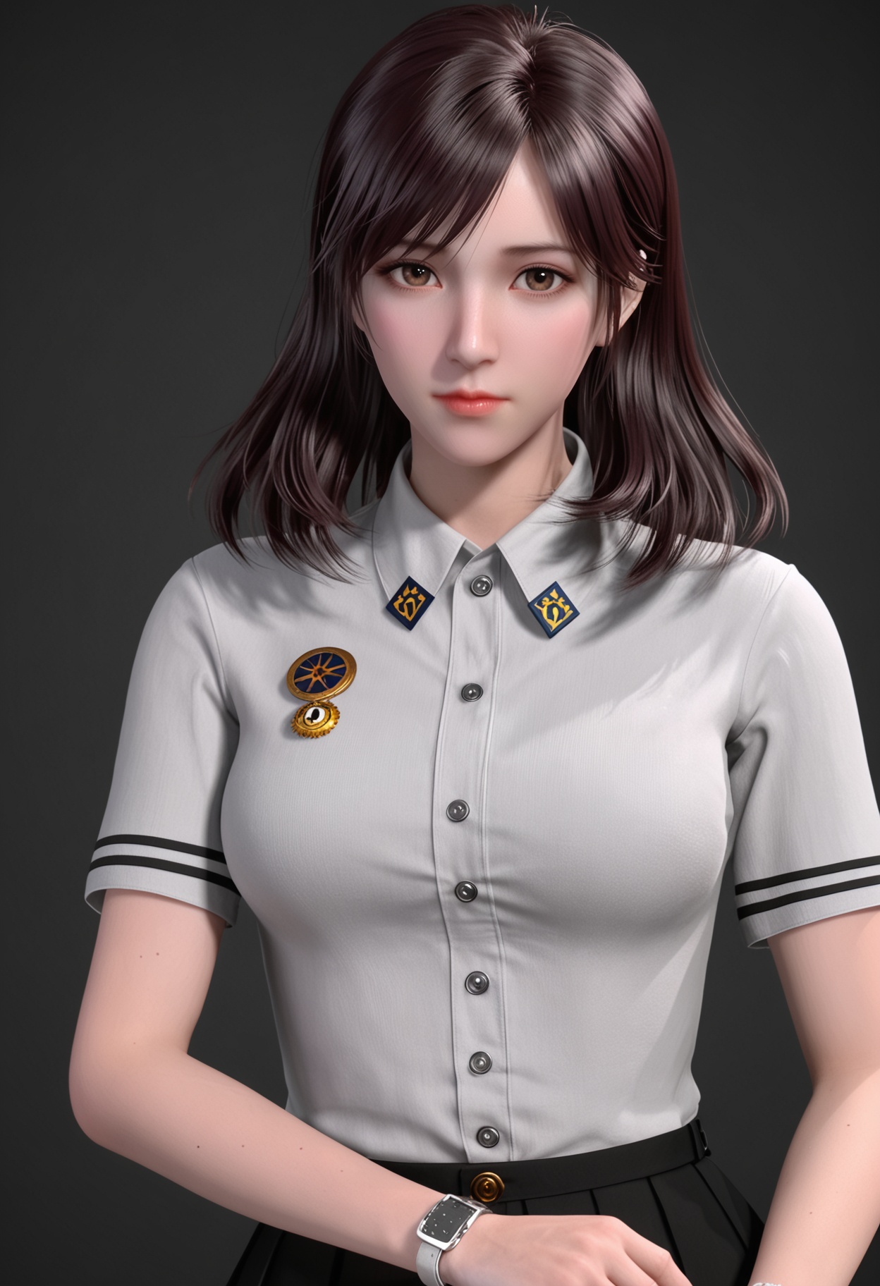 (cowboy shot:1.1),(masterpiece:1.1),(best quality:1.2),(intricate details),(looking at viewer:1.1),facing viewer,direct gaze,<lora:YQ_pony_xuxin2.0_V5:0.8>,q1528437228,1girl,solo,long hair,brown eyes,brown hair,shirt,black hair,buttons,skirt,school uniform,jewelry,watch,wristwatch,black eyes,medium hair,swept bangs,bracelet,loafers,BREAK simple background,pure black background,black background,perfect anatomy,