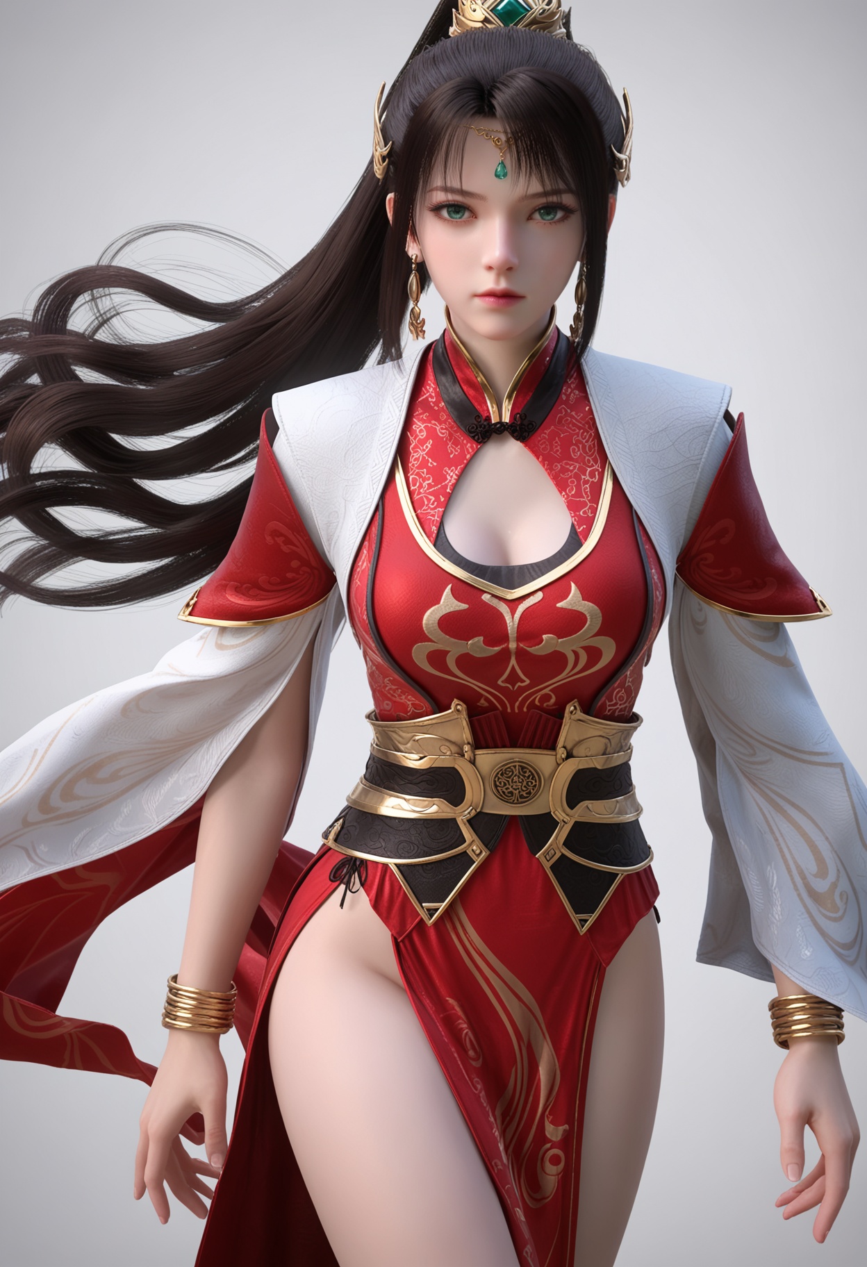 score_9,high detail,best quality,cinematic lighting,volumetric lighting,shiny skin,shiny,nanmingyushu,1girl,solo,green eyes,black hair,hair ornament,white background,jewelry,long hair,dress,simple background,ponytail,closed mouth,red dress,realistic,earrings,chinese clothes,clothing cutout,cleavage cutout,forehead jewel,breasts,expressionless,looking at viewer,thighs,<lora:Pony_DetailV2.0:0.8>,<lora:皮肤凹痕:0.1>,<lora:QQSponynanmingyushuV1:0.8>,