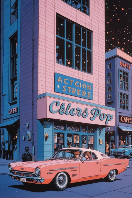 masterpiece, very awa, very aesthetic,nostalgic, 1980s, retro, flat, line art, pop art, retro futuristic,clear contrast, city pop, bokeh, abstract graphic,geometric stripe background, dynamic graphic background,scenery, album cover, wallpaper, painting, minimalist, cafe, exterior, people through the window, city street, retro cars,