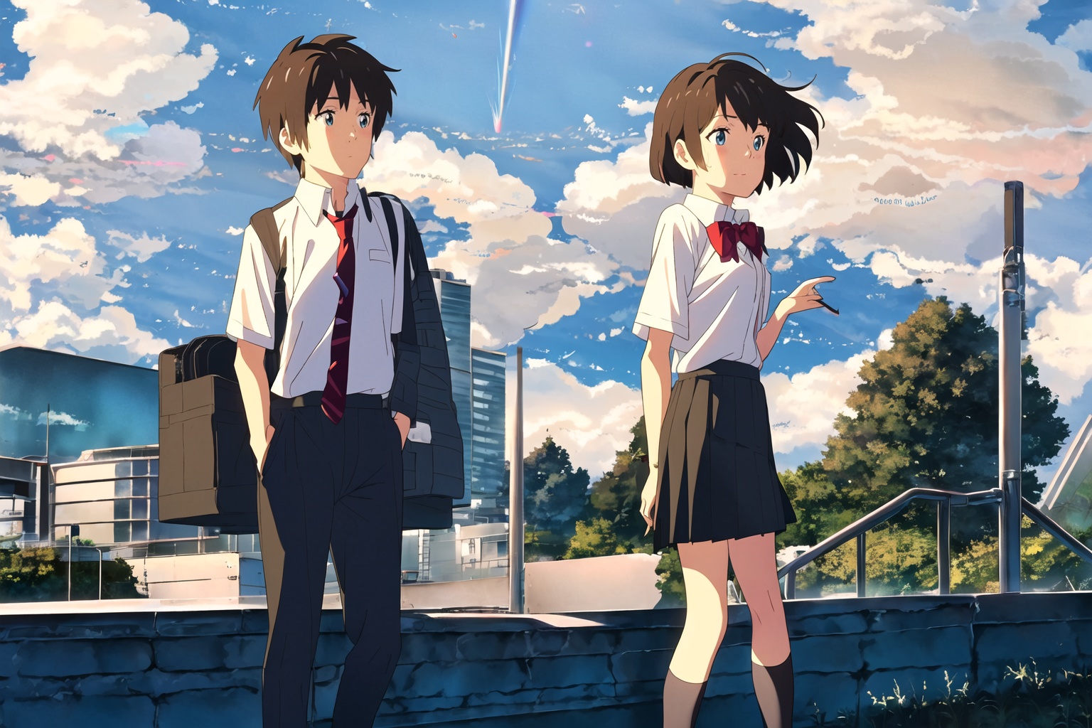 dream, New Haicheng Animation Style, 1girl, short hair, blue eyes, skirt, brown hair, shirt, black hair, 1boy, bow, ribbon, brown eyes, school uniform, standing, white shirt, short sleeves, pleated skirt, outdoors, necktie, sky, shoes, day, socks, striped, pants, cloud, bowtie, black skirt, looking at another, red bow, red ribbon, tree, blue sky, kneehighs, cloudy sky, black socks, building, red bowtie, scenery, hand in pocket, striped bow, hands in pockets, striped necktie, diffraction spikes, miyamizu mitsuha