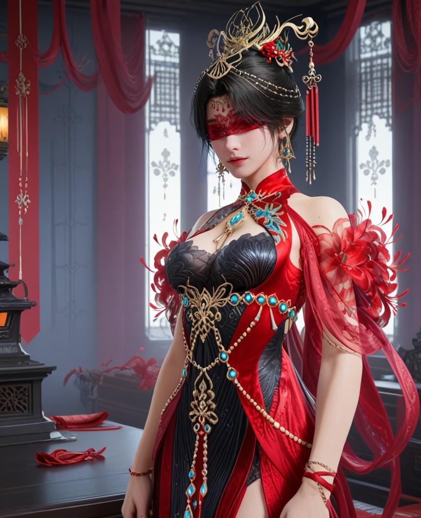 (oriental architecture, elegant decor, sophisticated style:1.1),(Standing with one hand on the chest, looking proud:1.1),Blissful,(breasts:1.2),<lora:XL16永劫无间宁红叶赤皓新囍红:0.95>,miss ninghongye,red and black tiered dress,blindfold,black hair,traditional chinese updo,hair ornament,jewelry,earrings,, score_9,score_8_up,score_7_up,score_6_up,score_5_up,score_4_up,3d rendering,tag1,tag2, Cinematic Lighting,backlighting,