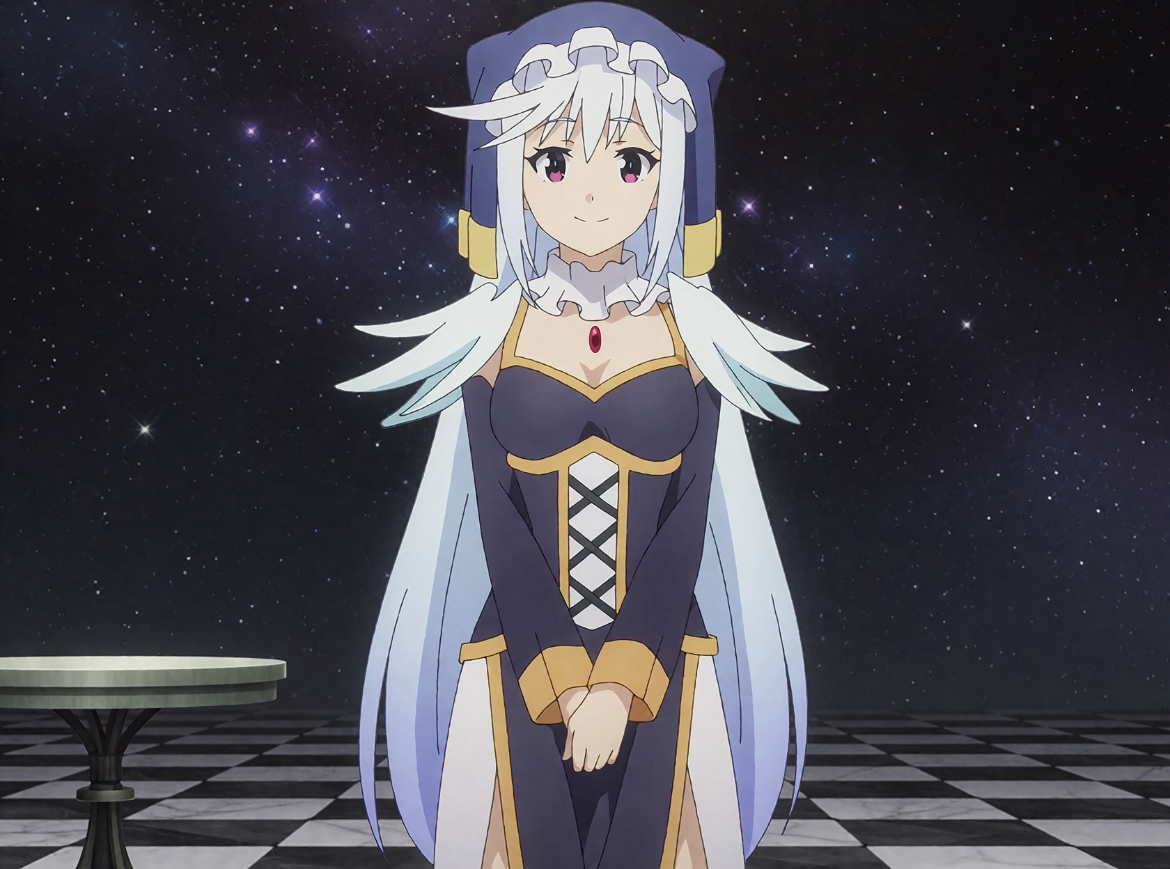 Eris,  an ***** woman from KonoSuba,  stands full length with both hands folded at her waist on Tensor.Art
