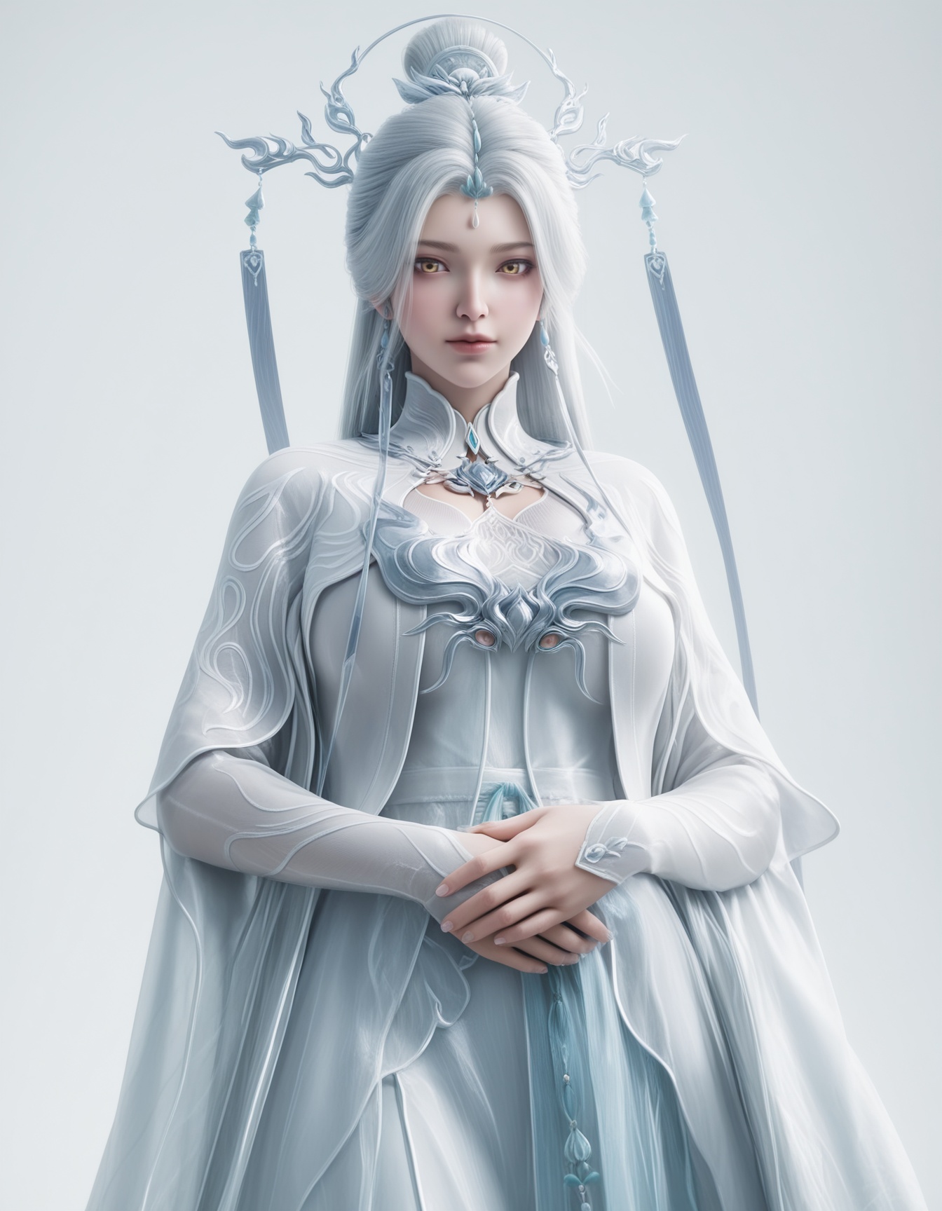 masterpiece,best quality,realistic,cinematic,detail eyes,(ultra-detailed),perfect composition,intricate details,absurdres,detailed face,high quality,high res,8K,<lora:X_jianma_x_IL4.0:0.8>,white hair,yellow eyes,hair bun,1girl,long hair,breast,big breasts,hair_ornament,dress,simple background,white_background,bed,looking_at_viewer,white_dress,standing,