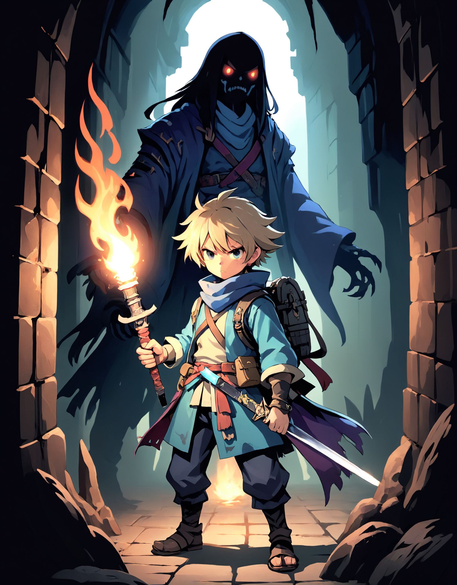 Illustration of a lone wanderer named Shiren,  equipped with a sword,  exploring a treacherous dungeon filled with monster...