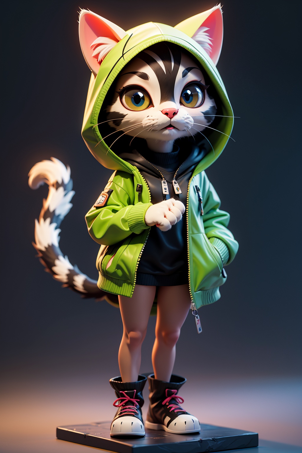 Best quality,masterpiece,ultra high res, "a cat in a raincoat",cat,solo,hood,tail,see-through,raincoat,furry,cat tail,whiskers,zipper,no humans,full body,standing,cat ears,looking up,animal ears,animal,jacket,1other,C4D,3D,