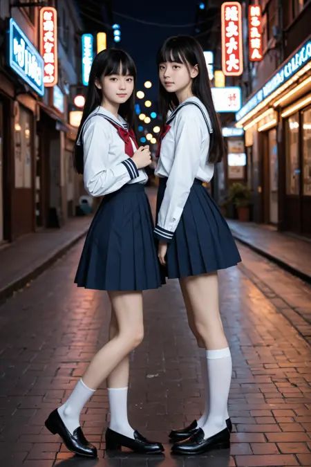 (masterpiece, ultra masterpiece, hyper realistic, ultra detailed, cinematic photography, highres, photorealistic:1.3),young Japanese schoolgirl, delicate small face, pale smooth skin, natural makeup,long straight black hair with blunt bangs,wearing authentic Japanese sailor school uniform: long loose untucked blouse with navy sailor collar and ribbon bow,short navy pleated skirt ending above mid-thigh, thighs clearly visible, natural gap between skirt hem and thighs,black loafers with white socks,pose: body turned slightly sideways, shoulders angled, face looking at camera,one leg bent backward at the knee, lifted slightly behind her, tiptoe raised, natural casual stance,balanced body proportions, natural torso length, natural neck length, long legs,expression: melancholic, apathetic gaze, youthful and innocent,aura: nihilistic, gloomy yet elegant,cinematic rim lighting, 35mm photography, HDR, shallow depth of field,night street with neon lights and bokeh background