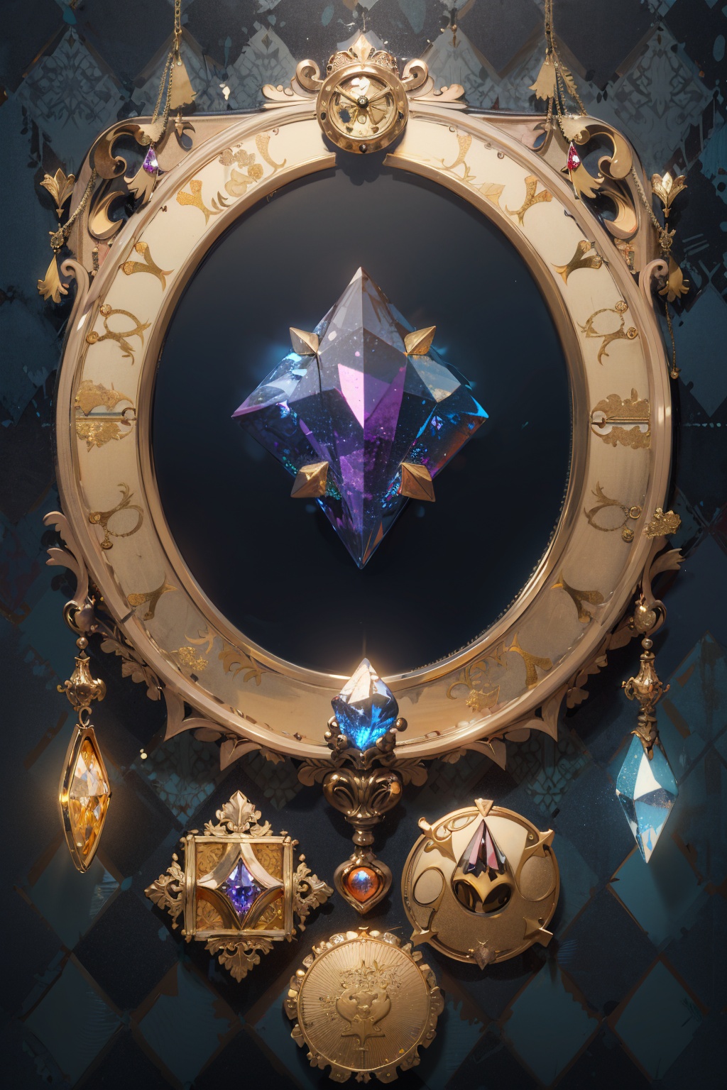 masterpiece,best quality,no humans,gold line,gold,argyle,argyle background,gem,glowing,gold trim,jewelry,magic circle,symbol,crystal,fantasy,still life,badge,
