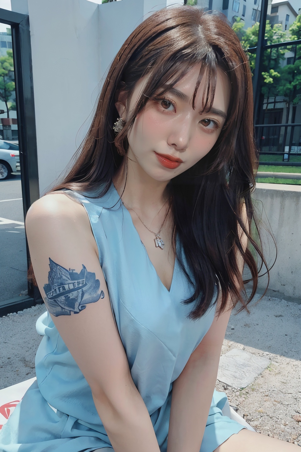 ((masterpiece, highest quality, Highest image quality, High resolution, photorealistic)),(Good structure),DSLR Quality,Depth of field,1girl,blue sleeveless_dress,tattoo,black hair,fence,jewelry,long hair,necklace,solo,tiles,<lora:aika_yamagishi-v05:1>,aika yamagishi,<lora:neg4all_bdsqlsz_V3.5:0.5>,