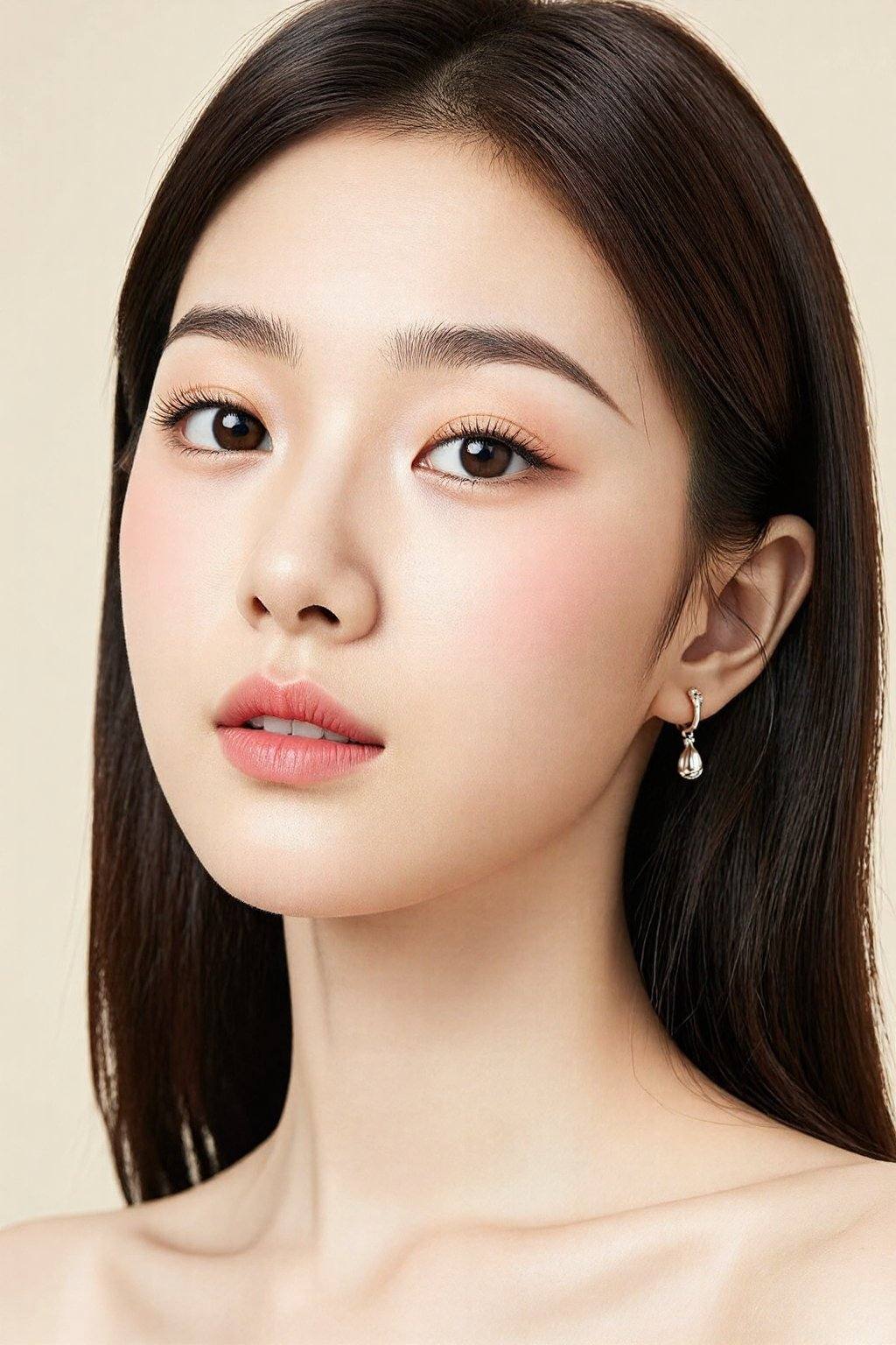 The image is a high-resolution photograph of an Asian woman taken close-up,  focusing on her face. The subject has smooth,...