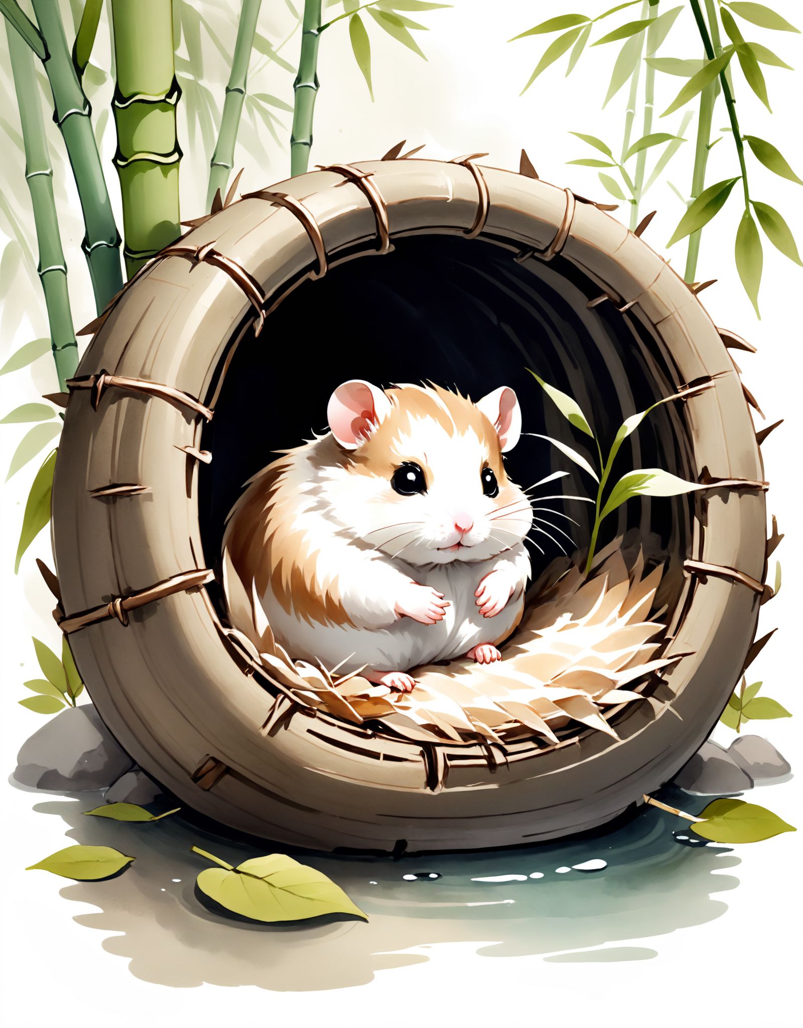 Ink wash painting of a cute hamster curled up in a cozy nest made of twigs and leaves,  with delicate strokes depicting it...