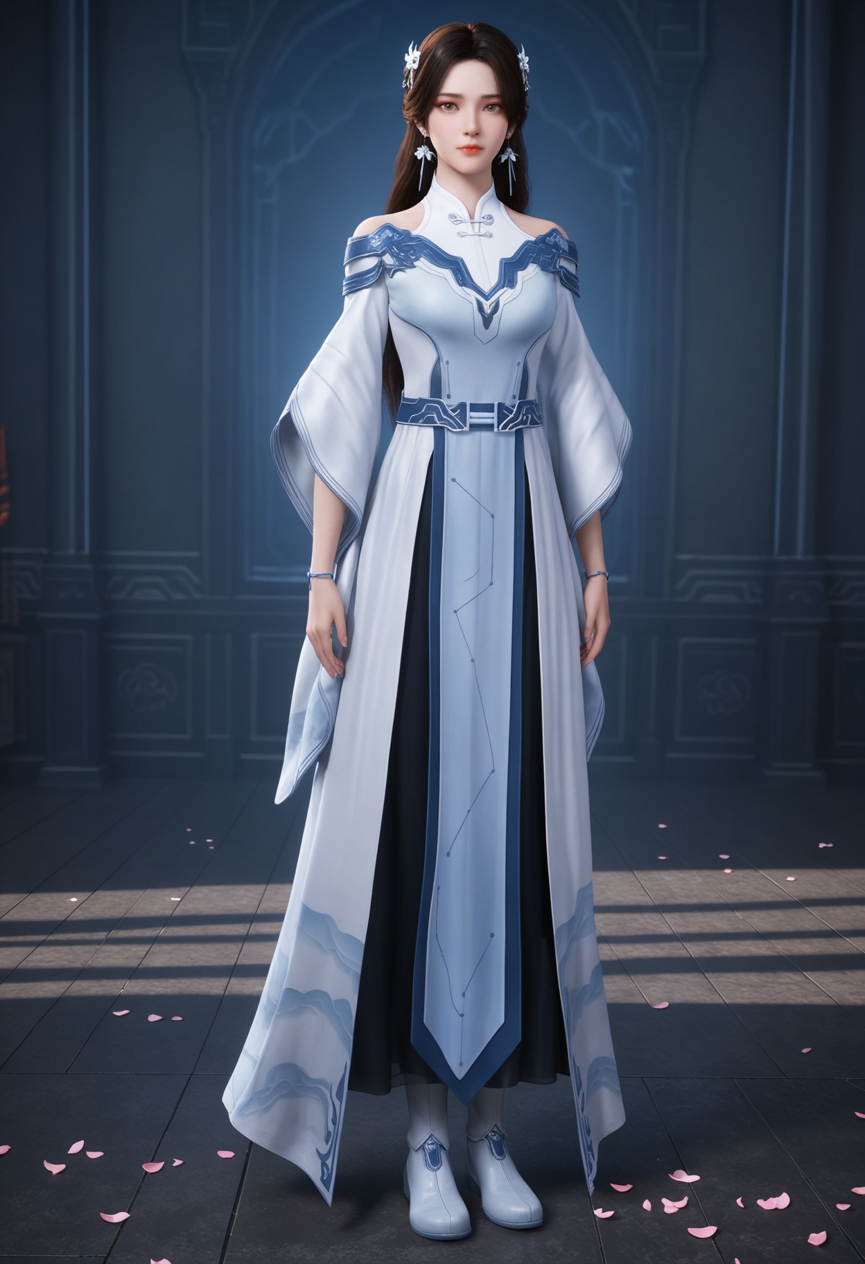 (standing full_body:1.1),(looking at viewer:1.1),masterpiece,(best quality),smog,Dark room,dim lighting,peach blossom,falling petals,<lora:YQ_Illustrious光辉v5_李小曼_V1:0.8>,q1528437228,1girl,solo,jewelry,dress,long hair,hair ornament,earrings,white dress,black hair,bracelet,brown hair,chinese clothes,white footwear,long sleeves,brown eyes,boots,blue eyes,wide sleeves,blue dress,grey footwear,hair flower,shoes,