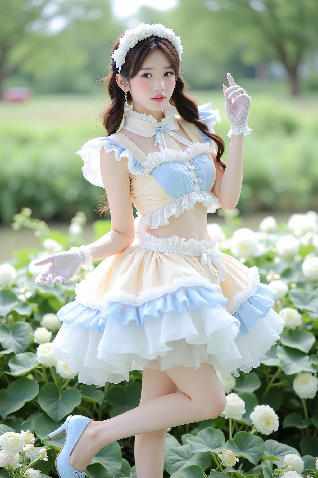 Lolita,This is a high-resolution photo of a young Asian woman in a sea of flowers. Her outfit consists of an elaborate ruffled suit with a light beige cropped top and ruffle details, paired with a wide multi-layered light blue and white skirt. She complements the look with a matching headband, white lace gloves, and light blue high heels. Her makeup is delicate, featuring a pink blush and a light lipstick that enhances her youthful appearance.