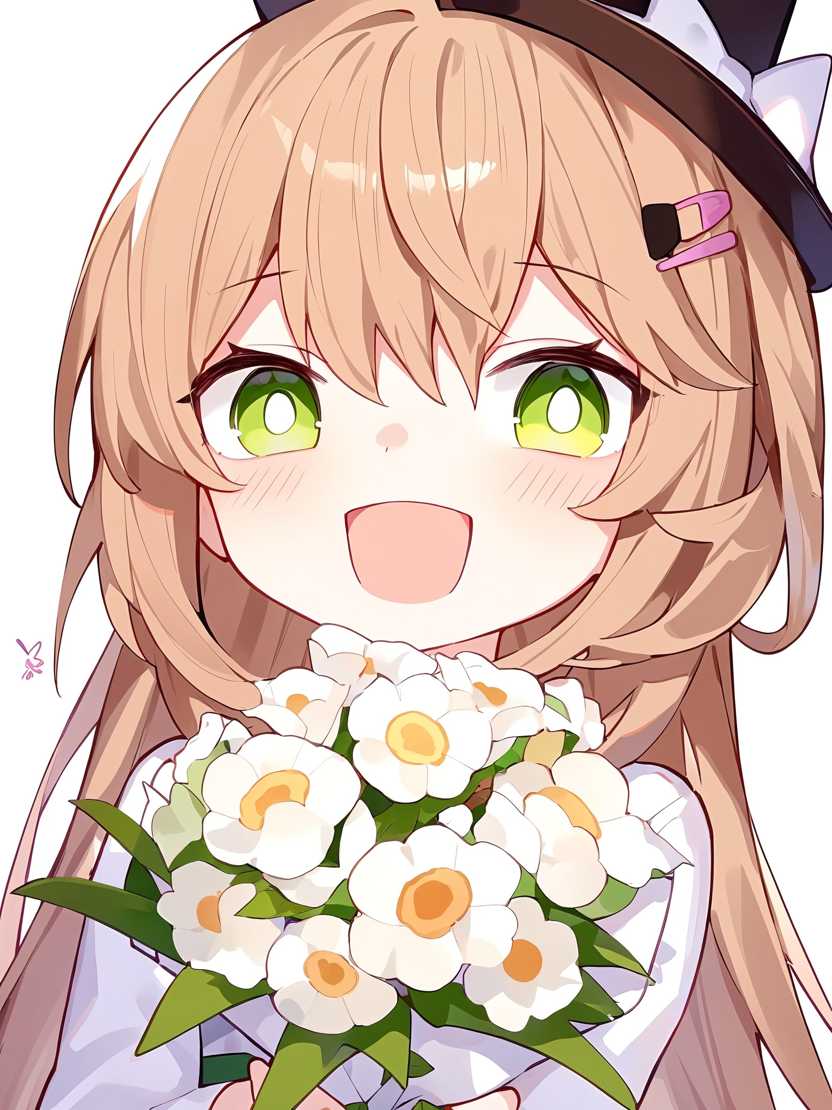 1girl,   tsubasa tsubasa, quan \(kurisu tina\), rurudo, smile, holding, holding bouquet, simple background, hairclip, flower, brown hair, signature, open mouth, solo, hair ornament, bouquet, portrait, :d, long hair, short hair, white background, green eyes, white flower, looking at viewer, hat, masterpiece, best quality, newest, absurdres, highres, safe