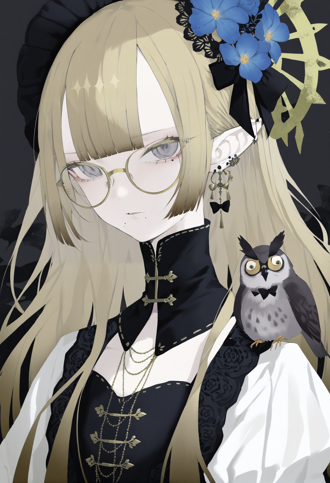 masterpiece, best quality,1girl,   bird, yellow eyes, owl, pointy ears, long hair, parted lips, solo, blonde hair, hair bow, bangs, sunglasses, portrait, round eyewear, lips, black bow, blunt bangs, slit pupils, animal, eyelashes, jewelry, looking at viewer, wavy hair, mole, high collar, wavy mouth, animal in clothes, head wreath, half-closed eyes, bird on shoulder, blue bow, flipped hair, black sclera, grey eyes, blue flower, earrings, flower earrings, frown, animal on shoulder, mole under mouth, yellow-framed eyewear, closed mouth, bow, flower, no sclera, furrowed brow, close-up, colored sclera, forehead, serious <lora:kotrou020XLlokr8f-000180:0.95>