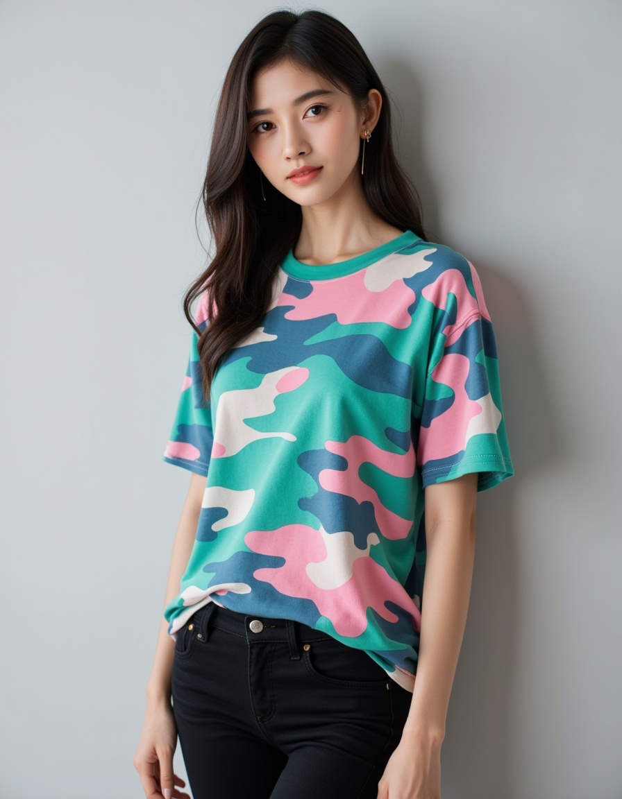 a real picture of a south korea woman,In Camouflage print t-shirt in vibrant shades of green,blue,and pink,Black skinny Jeans,