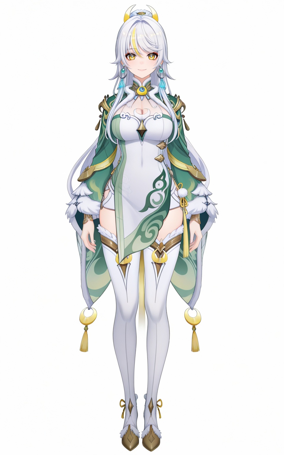 depth of field,masterpiece,best quality,very aesthetic,alternate costume,alternate costume,2024,2023,perfect composition,ultra-detailed,extreme aesthetic,masterpiece,best quality,good quality,newest,year 2024,year 2023,very aesthetic,absurdres,looking_at_viewer,colorful,<lora:兹白·ILL:0.8>,zibai braid,white hair,multicolored hair,streaked hair,blonde hair,yellow eyes,high ponytail,very long hair,zibai crescent moon hair ornament,zibai yellow ribbon,clothes:zibai chinese clothes,zibai green and white dress,zibai white thigh boots,zibai long sleeves,zibai wide sleeves,1girl,solo,full body,breasts,looking at viewer,tassel,standing,jewelry,tachi-e,straight-on,large breasts,smile,closed mouth,arms at sides,white background,clothing cutout,earrings,simple background,cleavage cutout,zibai gold trim,zibai fur trim,zibai high heel boots,