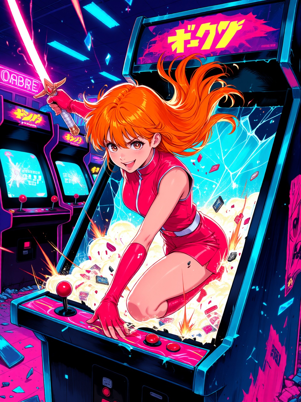 an energetic orange-haired anime girl inside a destroyed 1980s arcade,  holding a glowing energy sword while arcade cabine...