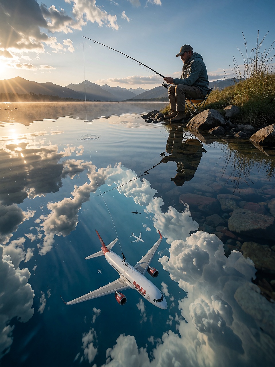 A solitary fisherman sits beside a perfectly calm lake at sunrise. Instead of fish beneath the surface,  an entire blue sk...