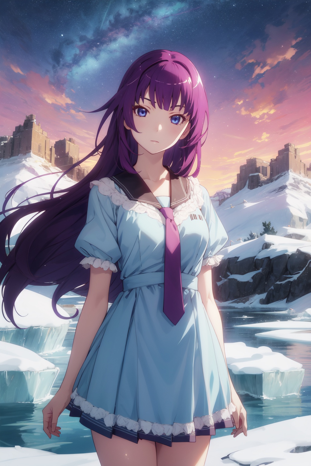 <lora:Hitagi-000008:0.8>,Hitagi CYQL,1girl,looking at viewer,solo,long hair,purple hair,blue eyes,Tie-front mini dress in a bright color,Sad, downturned mouth, drooping eyelids, and furrowed brow.,cowboy_shot,beautiful face,beautiful eyes,glossy skin,shiny skin,Glacier, Peaks, Mountains, Ice, Blue, Crevasse, Serenity, Wilderness,(Sunflowers, Bees, Rustling stalks, Sunshine, Yellow hues, Summer heat:0.6),beautiful detailed sky,beautiful detailed glow,masterpiece,best quality,beautiful and aesthetic,wallpaper,