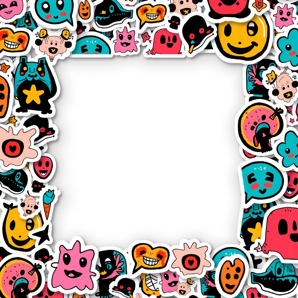 a close up of a picture frame with a lot of stickers on it,template sheet,glowforge template,unused sticker sheet,sticker sheet,template layout,keith haring style,square sticker,in style of lisa frank,graphic templates,symmetrical sticker design,sticker art,stickers,puffy sticker,rave background,planner stickers,sticker - art,graphic design background,sticker - svg,graffiti background,decora inspired,style of takashi murakami,card template,svg sticker art,cardstock,white frame border,card back template,sterile background,die cut sticker,sticker concept design,speech bubbles,layout frame,pop art patterns,