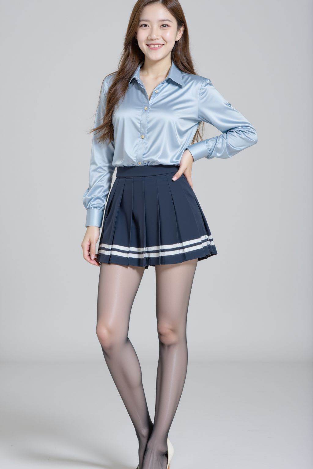 Full body, A young woman, stands confidently against a plain white gradually turns to gray backdrop. She has light skin, long straight brown hair, and delicate facial features, a gentle smile graces her lips, and her eyes have a warm, inviting gaze. Her attire consists of a light blue, long-sleeved satin blouse, elegantly tucked into a pleated navy skirt. The skirt features two white stripes near the hem, suggesting a school uniform aesthetic. She wears black sheer stockings pantyhose and white high heels. Her pose is casual, with one hand resting on her hip and the other slightly raised, hinting at a playful or engaging demeanor.
