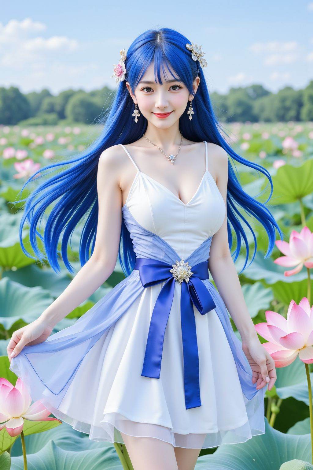 1girl,jewelry,lotus,solo,flower,long hair,hair ornament,blue and white dress,smirk,earrings,blue hair,sheer pleated skirt,outdoors, <lora:20251211_TinFlux1ClothesSliderLora_v1A:0.0>