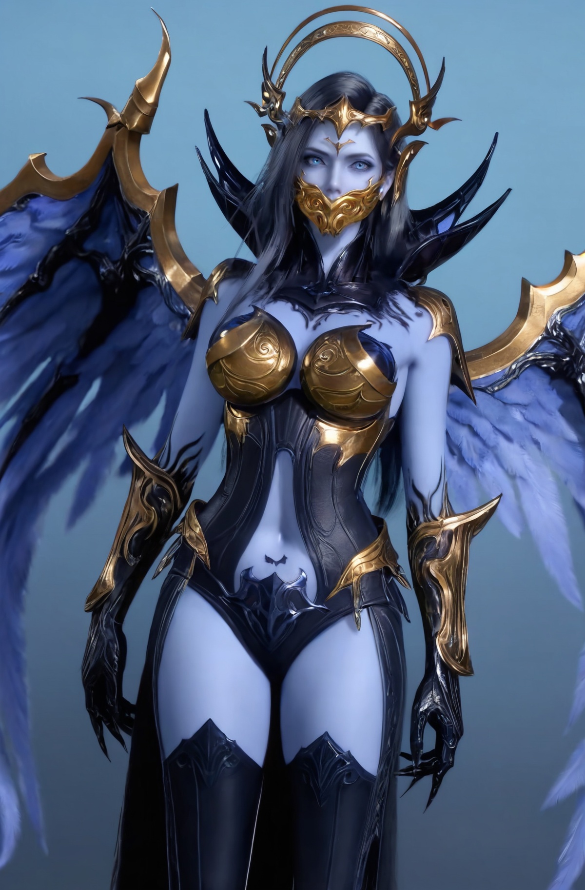(score_9),<lora:不闻不问-apony:0.85>,bwbw,mouth mask,1girl,solo,<lora:perfect eyes_v1:0.8>,bright pupils,blue eyes,looking at viewer,front view,female,(mature_female:1.1),hair ornament,headpiece,long hair,black hair,metal halo,(feathered wings),blue feathered,demon wings,(black claws),(finger claws),wrist guards,high collar,detached collar,shoulder armor,breastplate,halo,(bikini_armor:1.1),cloak,knee boots,(high heels),collarbone,curvy,glamor,pointy breasts,puffy breasts,arm tattoo,navel,cleavage,groin tendon,simple background,<lora:Expressive_H-000001:0.8>,(colored skin),