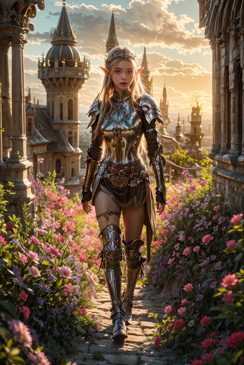 best quality,4k,elf knight01,1girl,ornate armor,Medieval architecture,flower sea,<lora:add_detail:1>,<lora:knight01-000007:0.8>,full body