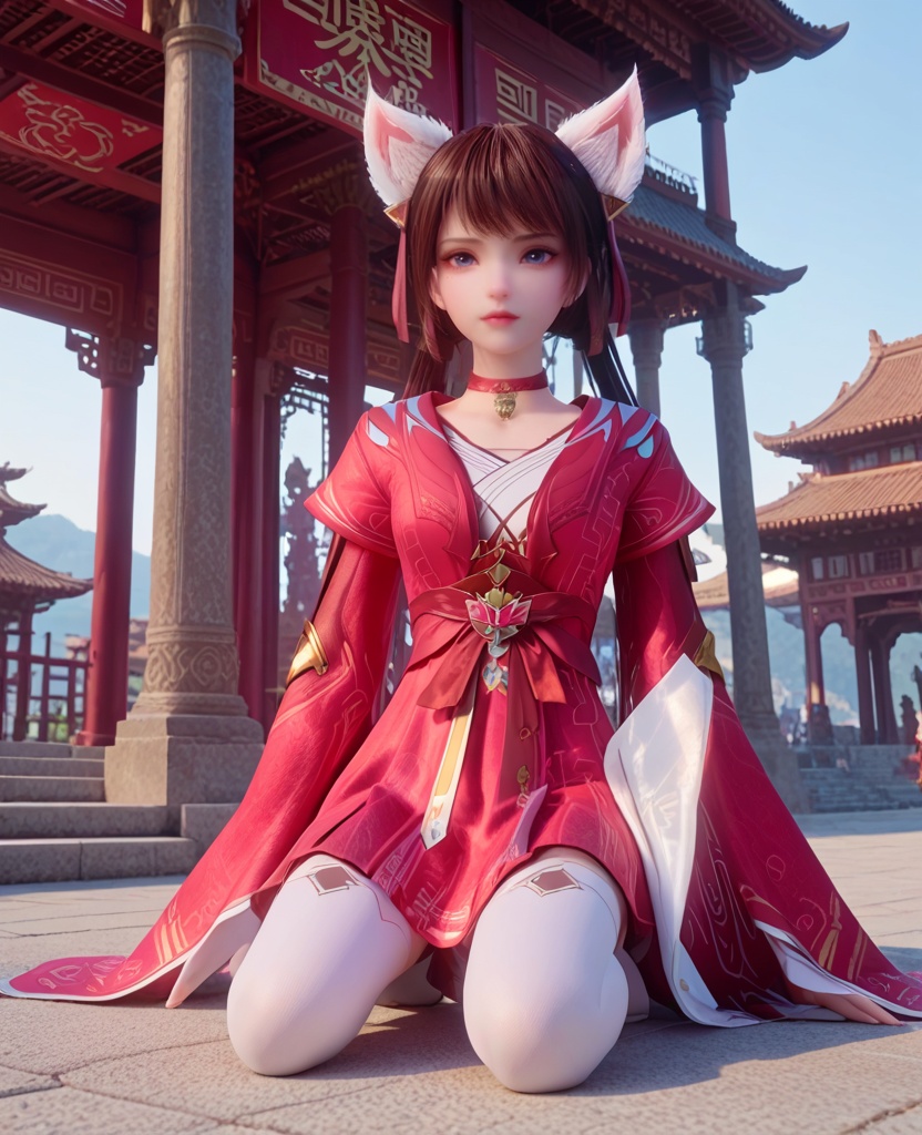 (oriental architecture, elegant decor, sophisticated style:1.1),(Kneeling on one knee:1.1),(breasts:1.2),<lora:XL宗门卧底姜雀:0.95>,miss jiangque,red dress,choker,blue eyes,mole under right eye,bangs,brown hair,twintails,fake fox ears,flare sleeveswhite lining,white thighhighs,sash,white lining,, score_9,score_8_up,score_7_up,score_6_up,score_5_up,score_4_up,3d rendering,tag1,tag2, Cinematic Lighting,backlighting,
