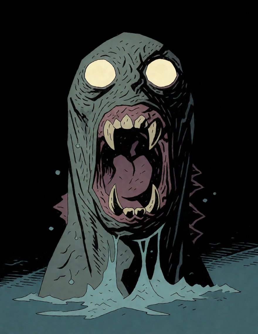 MignolaStyle,  a lovecraftian monster emerging from the water,  dark Background on Tensor.Art