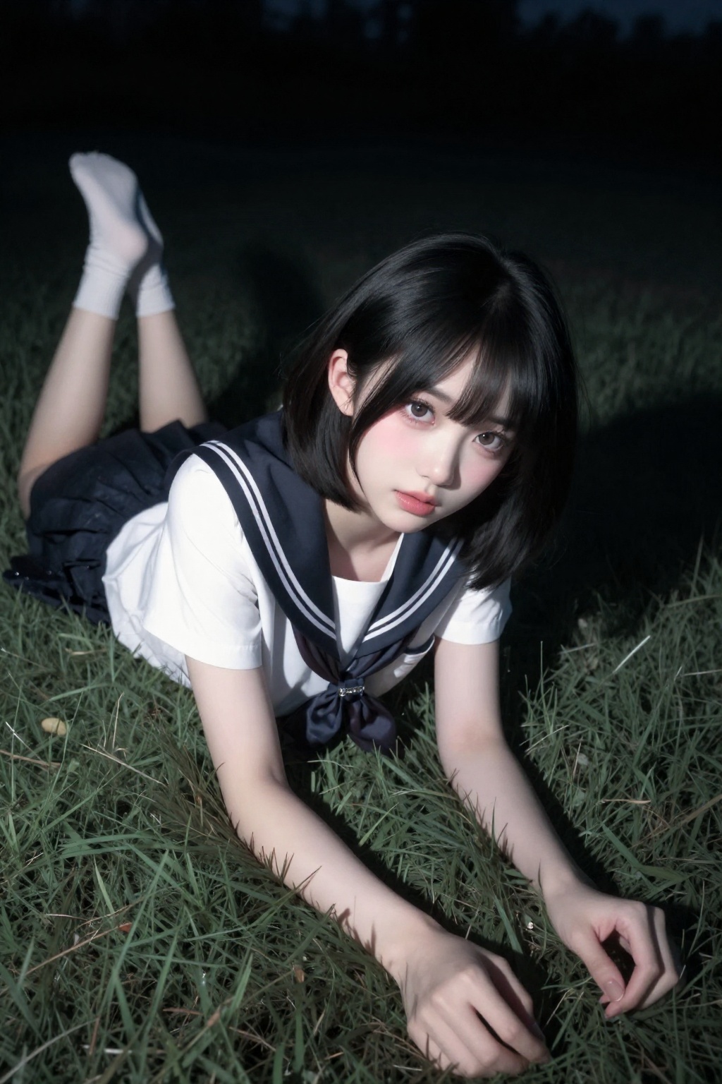 <lora:极品超模z-Image base:1>1girl,1张带有真实感的iPhone随手快照，画面带轻微颗粒感（模拟iPhone 5s成像质感），人物位于画面中侧（三分构图），质感光照，自然光线，质感十足，摄影风格,胶片摄影，镜头语言，第一人称视角躺在草地上。夜晚。镜头用超广角呈现轻微畸变效果；画面聚焦一位短发水手服女学生，她以猫式姿势用双手撑起上半身，眼神带着清纯的害羞与柔软的渴望望向镜头，冷白皮泛粉的肌肤在光影下更显细腻。整体为暗朦暗夜微光场景，融入韩系时兴飘垂短发特质，保留奢潮配饰却弱化凌厉感，增添甜妹俏皮氛围；画面采用虚焦抓拍感，叠加分层模糊晕染、斑驳光影与胶片颗粒质感，以高噪点、轻微过曝营造泛朦晃朦的迷离感，同时用高级灰完美配色、强阴影与负空间留白强化视觉张力，在弱印象风与先锋视觉艺术平衡中，呈现兼具情景叙事与大片美学的纯欲风氛围感人像，达到人像金奖佳作的细节刻画与动态美感