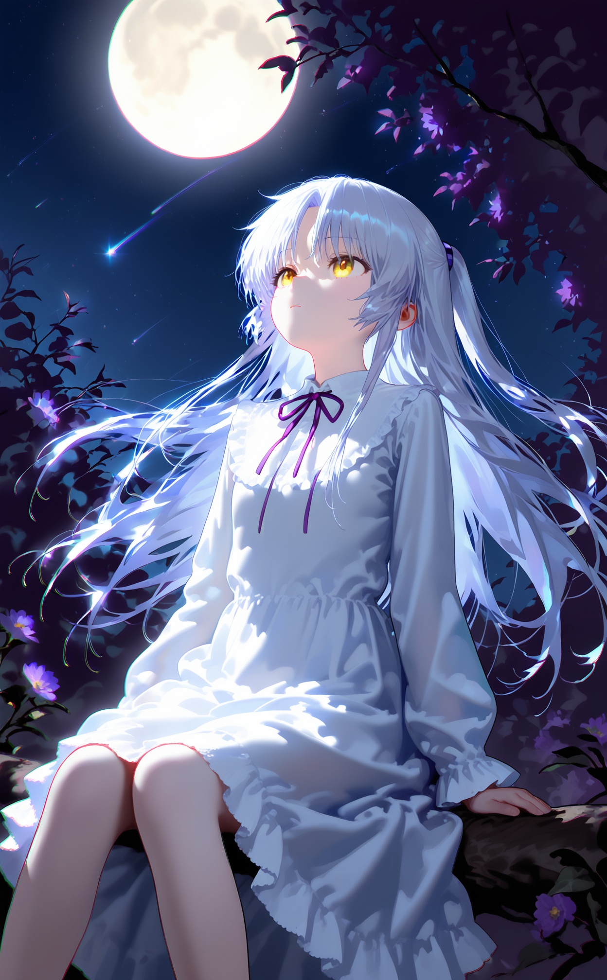 masterpiece,very aware,highres,absurdres,newest,best quality,loli,petite,high quality,chromatic_aberration,//,nyalia style,1girl, tachibana kanade, moon, yellow eyes, night, solo, full moon, sitting, long hair, dress, night sky, white dress, looking up, sky, star (sky), flower, sitting in tree, long sleeves, floating hair, neck ribbon, in tree, starry sky, white hair, outdoors, ribbon, shooting star, closed mouth, tree, purple ribbon, feet out of frame, looking afar, purple flower, frills, grey hair, arm support//,<lora:nyalia——【noob】hans:1>,