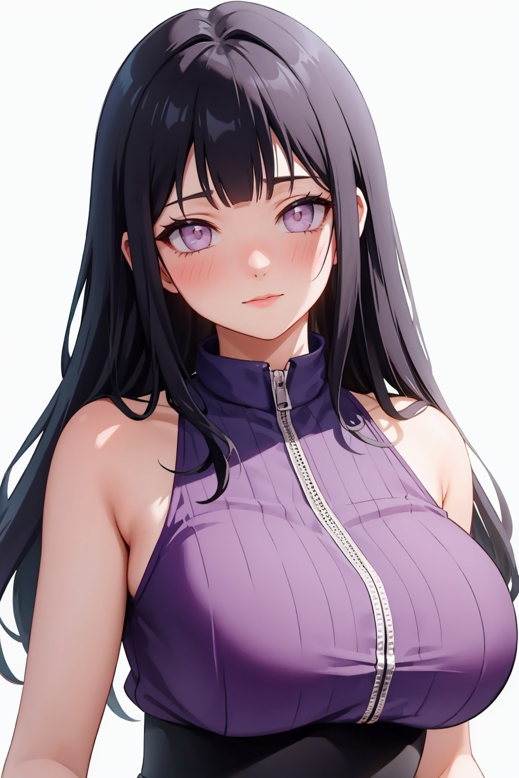 masterpiece,best quality, highly detailed, hyuuga hinata,1girl,solo,large breasts,looking at viewer,blush<lora:hyuuga_hinata:1>,simple background,white background