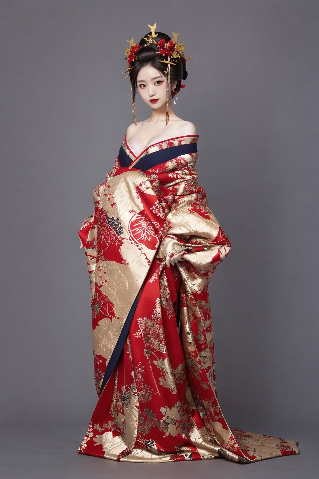 wsoiran,1girl,headpiece,(full body:1.1),ornate,oversized clothes,facing viewer,simple background,bare shoulders,cleavage,