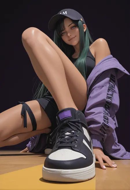 masterpiece, best quality, nails, face,***** woman,black hair, green hair, straight hair, thin hair, extreme long hair,gray eyes,tan skin,skin pressed,simple_base cap, leg wear, sneaker, oversized jacket, one side off the shoulder, top, bare mitriff, thigh ribbon,casual, arm on leg, half standing, half kneeling, leg bent, shoe focus, face focus,smirk, gentle,black background, tilted background, purple, yellow, black,dim,close up, low angle, dynamic perspective, forced angle