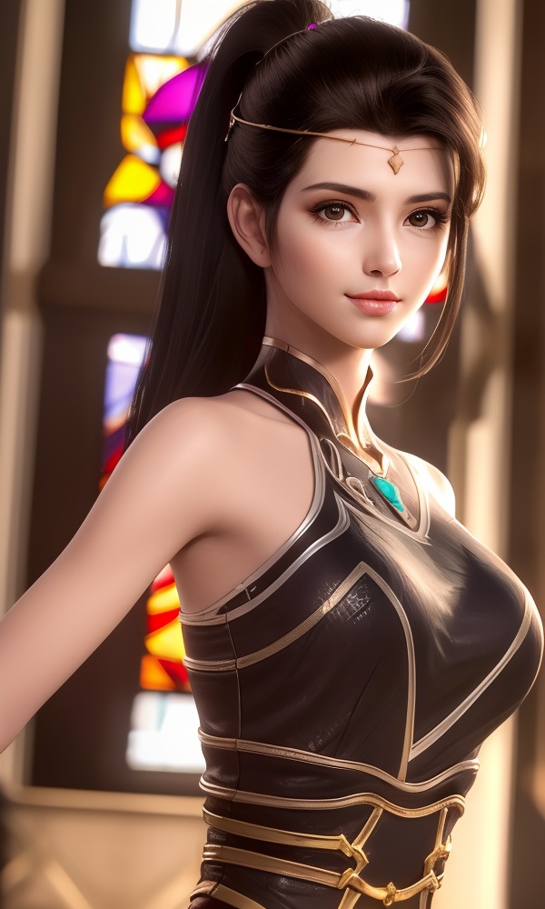 (,1girl, ,best quality, ),looking at viewer, <lora:378-DA-大主宰-唐芊儿:0.8> ,,ultra detailed background,ultra detailed background,ultra realistic 8k cg,,, (close-up portrait),(upper body:1.22),(realistic:1.11),(Photo-referencing),HDR,Studio Lighting,Soft Lighting, ,, a slender petite little girl,Delicate muscle lines,(Skinny body),(solo:1.5),( looking at viewer:1.22),The white shiny skin, (smirk:1.2),(dynamic pose),(arms behind back),arms at sides, (very long payot),(Absurdly long Brown straight hair:1.22),parted bangs, (floating hair), (jewelry:1.17), necklace, earrings,(colorful:1.27),(stained glass background),(),(()),,
