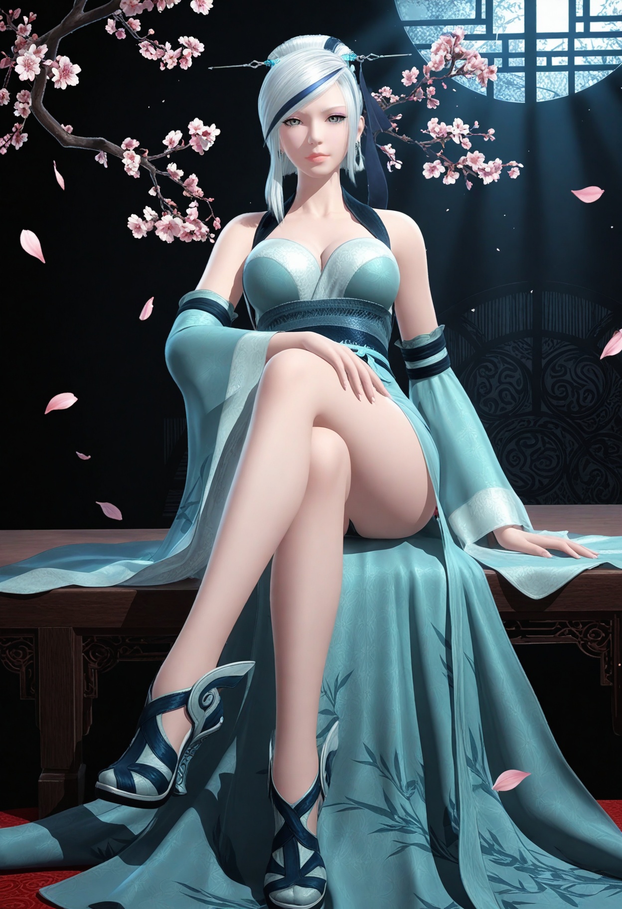 (looking at viewer:1.1),(Dark room:1.3),(moody lighting:1.1),peach blossom,falling petals,(large breasts:0.8),xiaomeng,1girl,solo,white hair,hair ornament,bare shoulders,grey eyes,lips,single hair bun,dress,earrings,cleavage,jewelry,detached sleeves,streaked hair,hair stick,makeup,wide sleeves,high_heels,sitting,(crossed legs:1.3) BREAK masterpiece,(best quality),(intricate details:0.9),(realistic skin:1.2),<lora:QQSillxiaomengV1:0.8>,