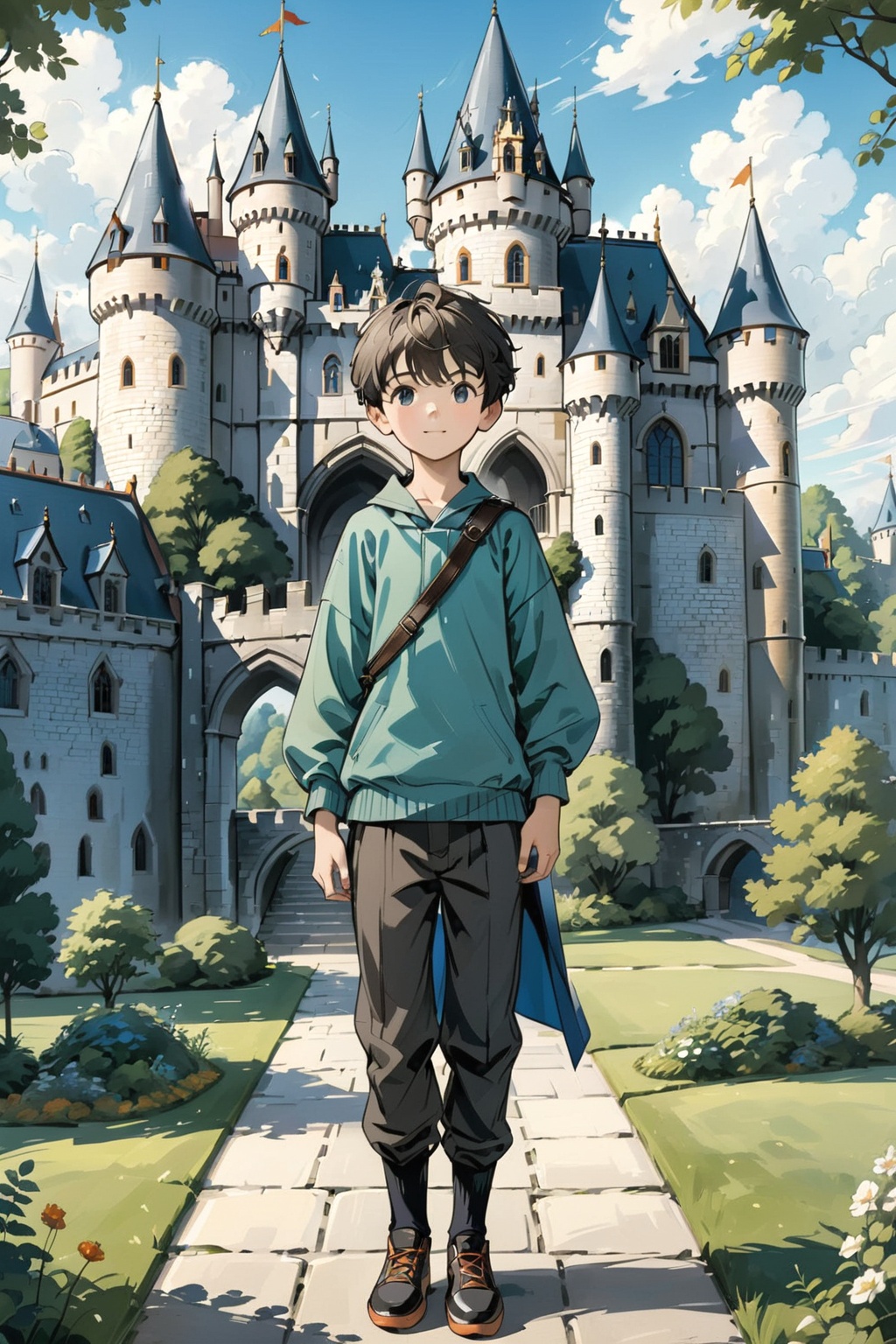 1boy,(full body:1.2),in front of a castle,detailed,
