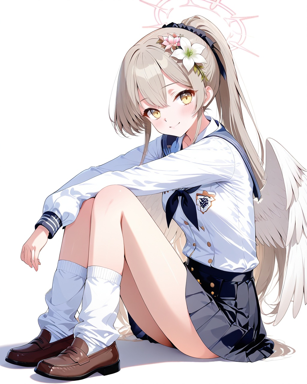 O,nagisa (blue archive),nagisa (blue archive),1girl, solo, halo, skirt, hair ornament, wings, flower, hair flower, socks, shirt, looking at viewer, white background, white shirt, black skirt, shoes, pleated skirt, sitting, white socks, ponytail, angel wings, long hair, hairclip, simple background, full body, loafers, loose socks, bangs, feathered wings, white wings, school uniform, hair between eyes, white flower, yellow eyes, from side, closed mouth, brown footwear, smile, crossed arms(UHD),anatomically correct,accurate,textured skin,super detail,high details,award winning,best quality,high quality,retina,HD,16k,1080P,