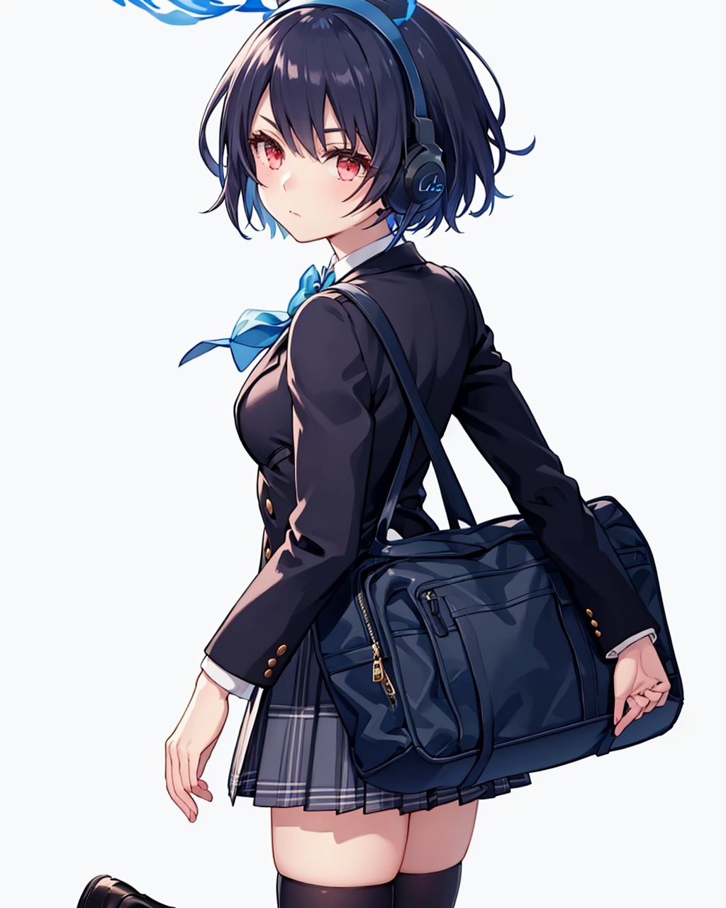 masterpiece,best quality, highly detailed, alice (sinoalice),school uniform,solo,1girl,long sleeves,looking at viewer,plaid skirt,headphones,pleated skirt,bag,black jacket,black thighhighs,bowtie,closed mouth,jacket,simple background,white background,white shirt,zettai ryouiki,<lora:alice_(sinoalice):1>