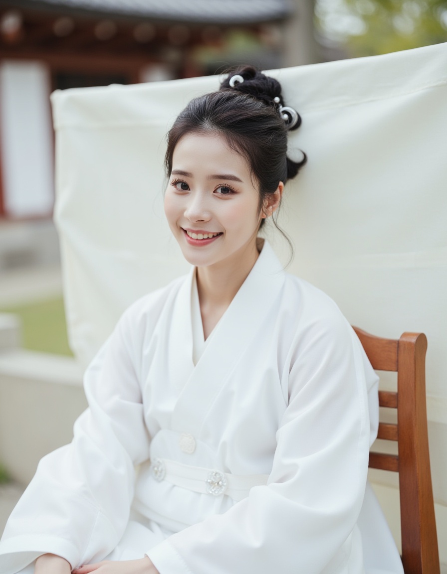 The image depicts a person dressed in a traditional white garment,possibly a hanfu,sitting on a wooden chair. The person's hair is styled in an elegant updo,adorned with a black hair accessory. The background is blurred,suggesting a shallow depth of field,and appears to be an outdoor setting with a structure that looks like a traditional building or pavilion. There is a white fabric draped behind the person,adding to the serene and traditional atmosphere.,