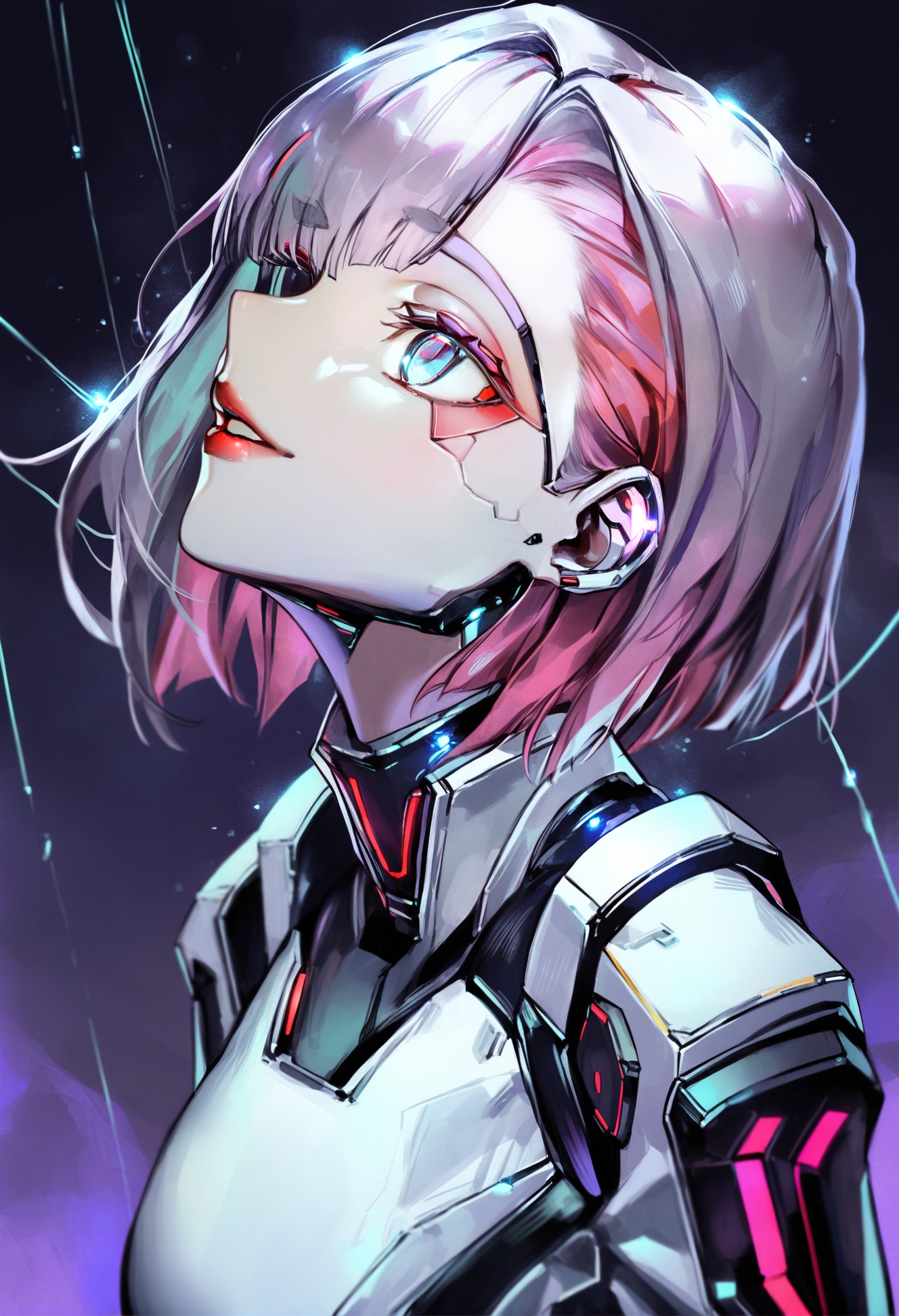 masterpiece, best quality,1girl, lucy \(cyberpunk\),  solo, looking up, black background, short hair, bangs, signature, parted lips, cyborg, portrait, blue eyes, cyberpunk, makeup, looking away, high collar, gradient background, red lips, smile, science fiction, upper body, jacket, monowire, light particles, purple background, white jacket, pink hair, thick eyebrows, red eyeliner, wire, eyeliner, asymmetrical bangs, multicolored hair, green hair, orange background, grey hair <lora:COCOballXLlokr8f-000123:0.95>