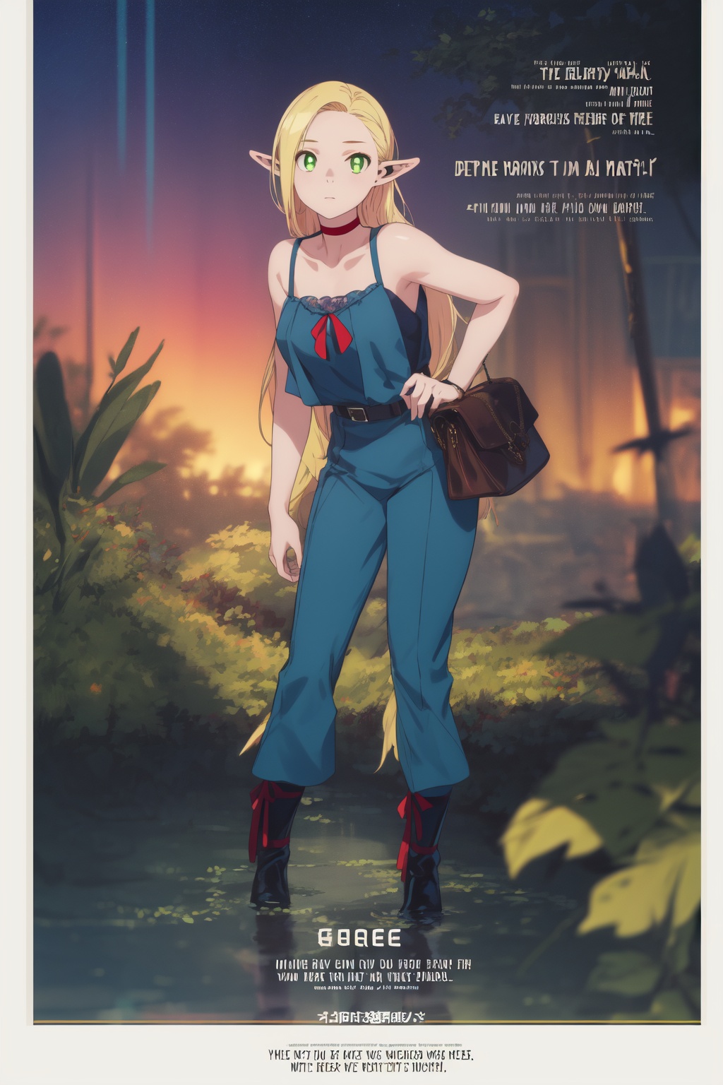 1girl,looking at viewer,solo,elf,long hair,blonde hair,pointy ears,green eyes,choker,red choker,<lora:Marcille (3):0.8>,Marcille_CYQL,(Tsundere,leaning forward,full_shot,from_below:1.1),High-waisted pants, silk camisole, ankle boots, shoulder bag, statement ring,beautiful face,beautiful eyes,glossy skin,shiny skin,Mangroves, Forest, Water, Roots, Biodiversity, Wildlife, Serenity, Tides,Tropical plants, Sunset hues, Exotic foliage, Evening glow, Tropical oasis, Serene atmosphere,beautiful detailed sky,beautiful detailed glow,(movie poster:1.2),(border:1.3),(English text:1.4),posing in front of a colorful and dynamic background,masterpiece,best quality,beautiful and aesthetic,contrapposto,female focus,fine fabric emphasis,wallpaper,fashion,intricate detail,finely detailed,fine fabric emphasis,glossy,<lora:增强减少细节add_detail:0.4>,
