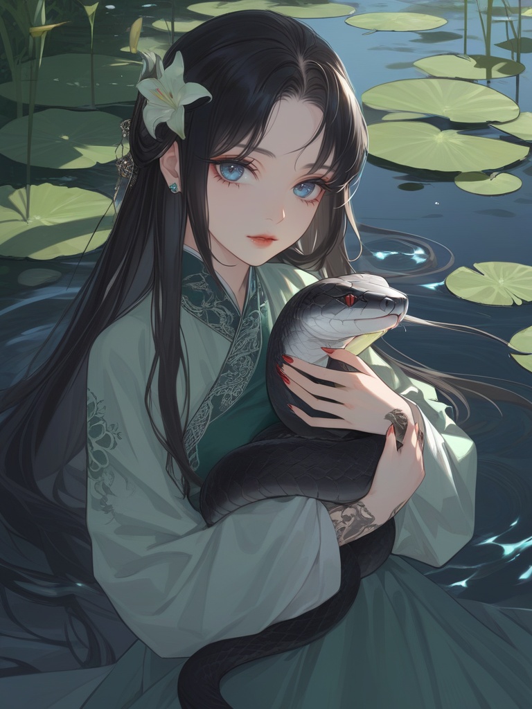 (best quality), ((masterpiece)), (highres), illustration, original, extremely detailed,<lora:古风·丝路恋语:0.7>licg,1girl, black hair, snake, holding animal, hair ornament, looking at viewer, solo, blood, chinese clothes, upper body, long hair, animal, holding, blue eyes, green dress, flower, long sleeves, tattoo, eyelashes, lily pad, makeup, dress