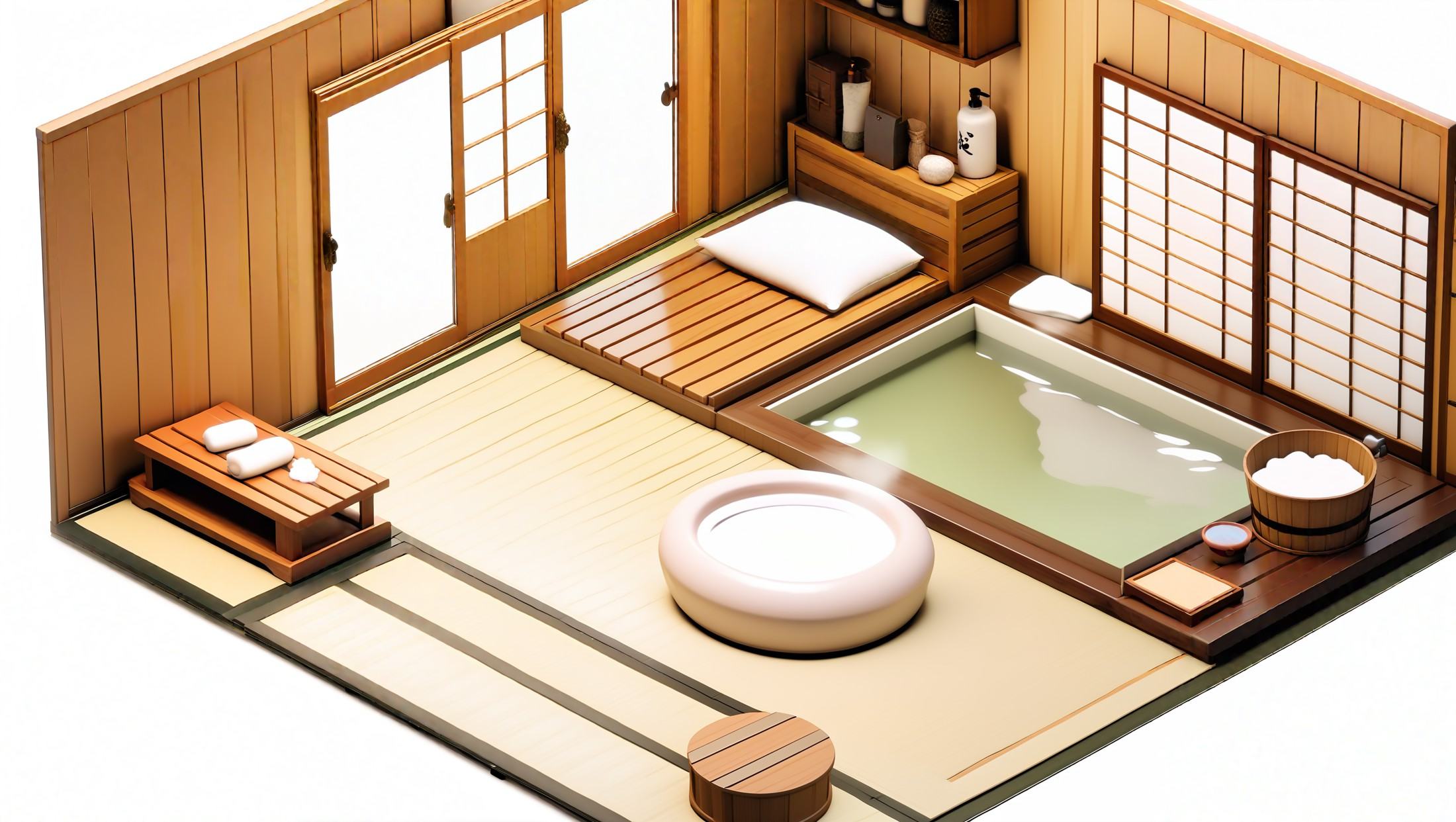 masterpiece,best quality,<lora:gamebg:0.6>,3d,white background,room-style,smooth tatami,wooden flooring,wooden and stone walls,simple Japanese paintings,calligraphy,soft lanterns,spacious changing area,wooden lockers,benches,washbasin,mirror,large central bath,smooth stone bath surround,warm water,steam,individual washing areas,wooden stools,water buckets,handheld shower heads,shelves,bath products,soap,shampoo,conditioner,sauna room,wooden walls,wooden seats,heating unit,relaxation area,comfortable tatami mats,light fragrance,decorative paintings,traditional shoji windows,soft natural light,peaceful environment,