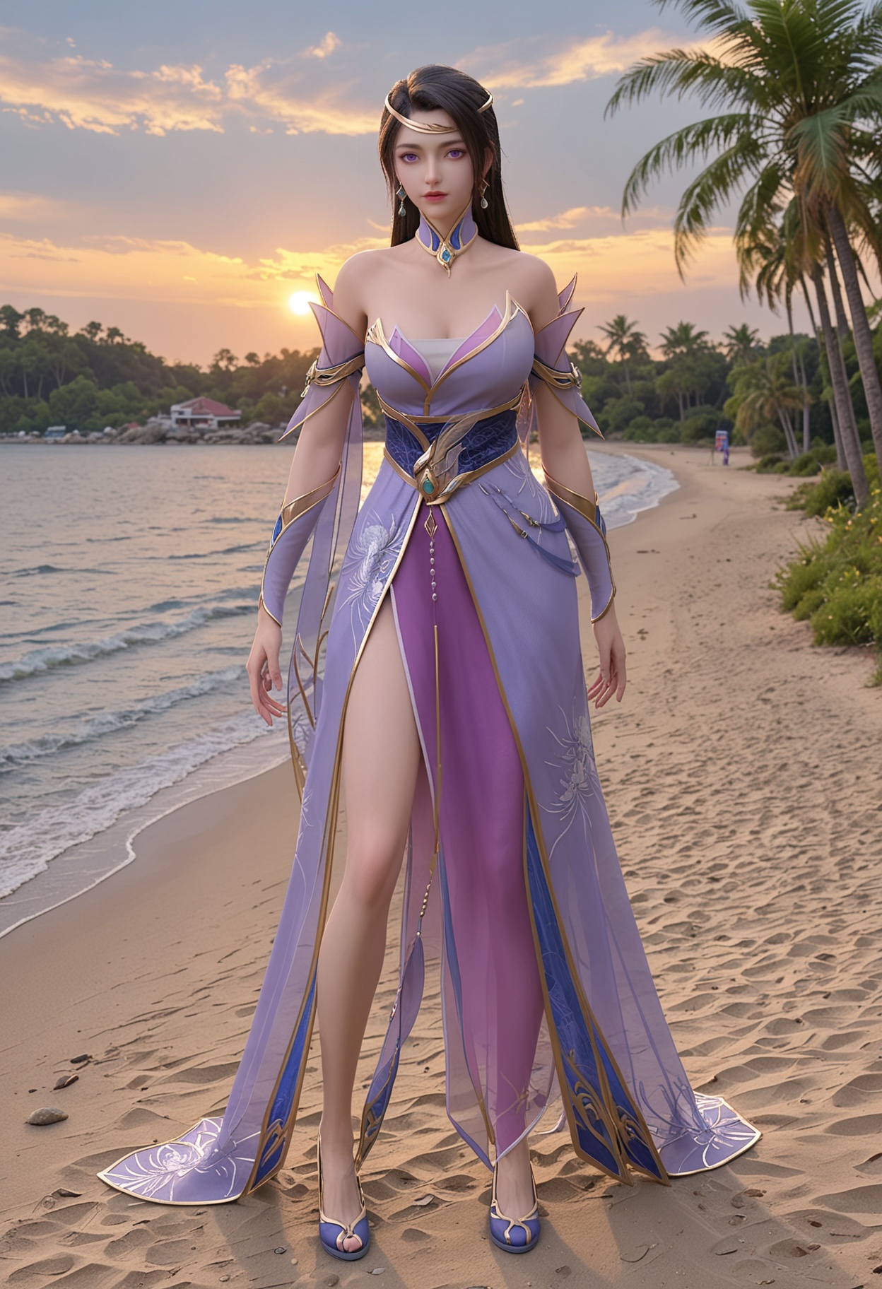 perfect_anatomy,(score_9:1.1),(full_body:1.1),looking_at_viewer,<lora:YQ_pony_chulingyu_V3:0.8>,1girl,q1528437228,solo,long hair,jewelry,dress,earrings,bare shoulders,black hair,purple dress,breasts,detached collar,detached sleeves,purple eyes,hair ornament,collar,cleavage,perfect_anatomy BREAK (perfect_anatomy:1.1),mature female,(on the beach,:1.1),(shiny_skin),(Ivory_skin:1.1),(cinematic lighting),(long legs:1.2),(short torso:1.1),